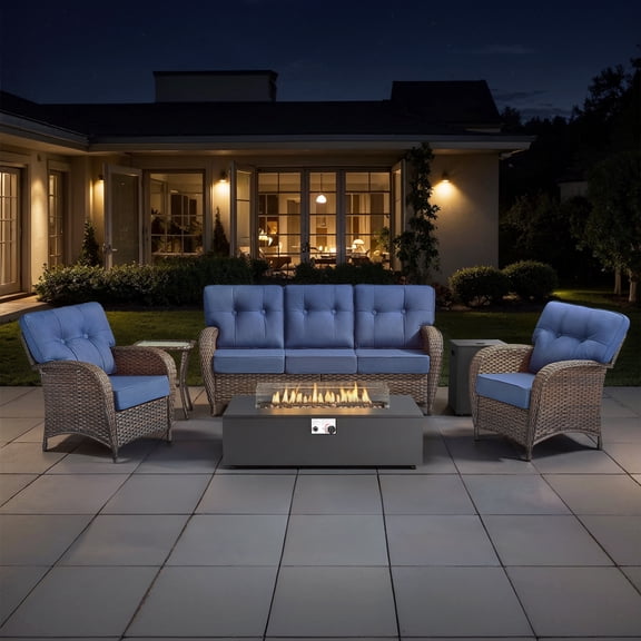 Opohoro 6-Piece Outdoor Patio Conversation Sofa Set with T Shape Cushions, 43" Fire Pit Table, Propane Tank Cover for Deck Backyard