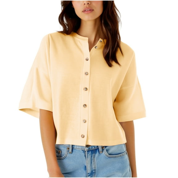 Timegard Crop Tops for Women Loose Button up Shirts 3/4 Sleeve Casual Drop Shoulder Blouse Fall Fashion