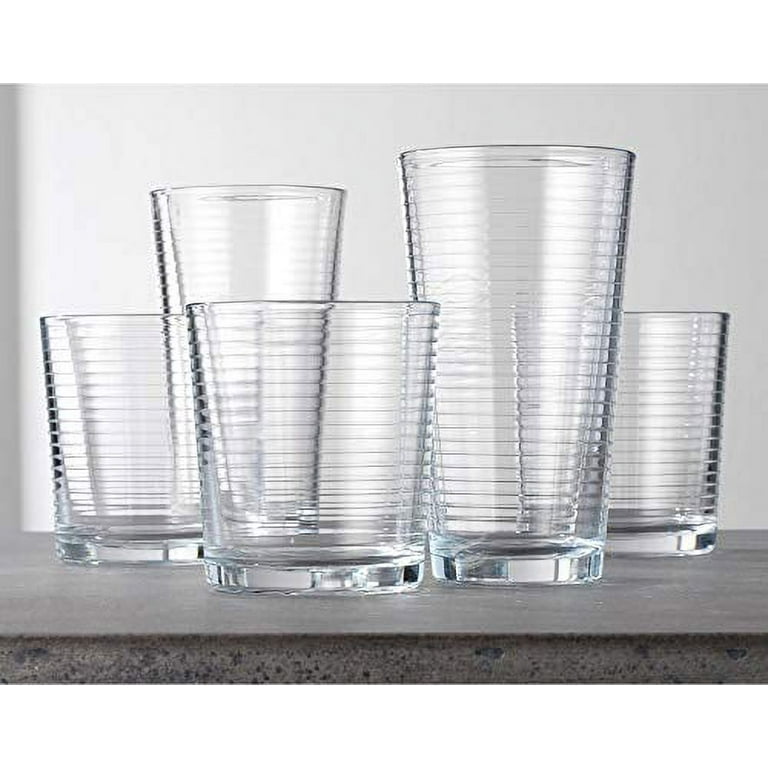 Set of 16 Heavy Base Ribbed Durable Drinking Glasses Includes 8 Cooler  Glasses (17oz) and 8 Rocks Glasses (13oz), - Clear Glass Cups - Elegant