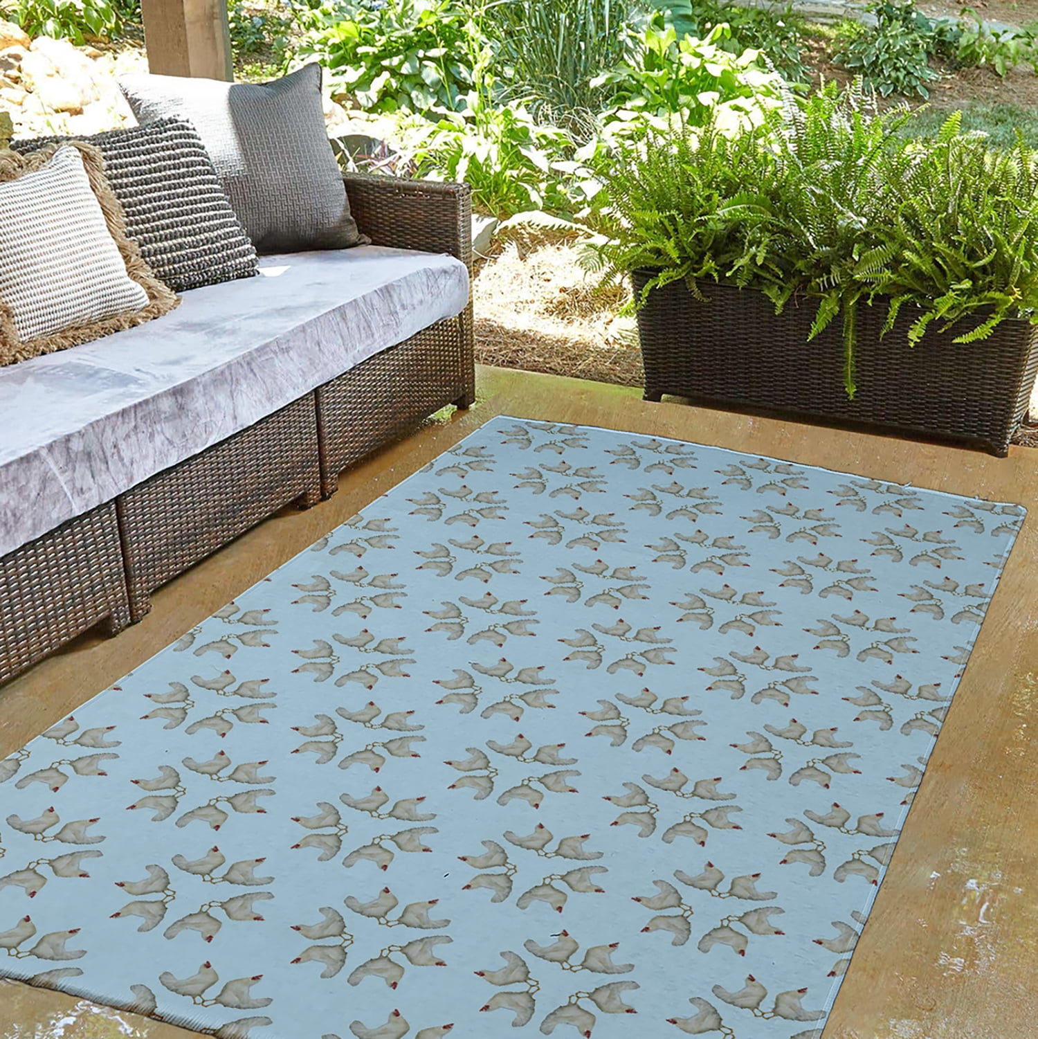 Simply Daisy 3' x 5' After Rain Blue Chickens-go-round Easter Chenille Indoor/Outdoor Rug