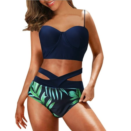 

Cathalem Sports Bra Bathing Suits for Women Print Retro Swimsuit Two Ruched Tow High Vintage Front Bikini Piece Bra And Skirt Set Underwear Green Large