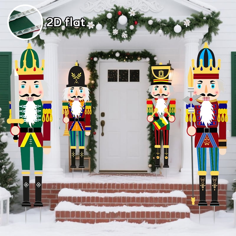 Christmas Nutcracker Yard Stakes, 4-Pack 2D Flat Outdoor Holiday Decorations, Waterproof Garden Lawn Signs for Xmas Porch & Yard Décor