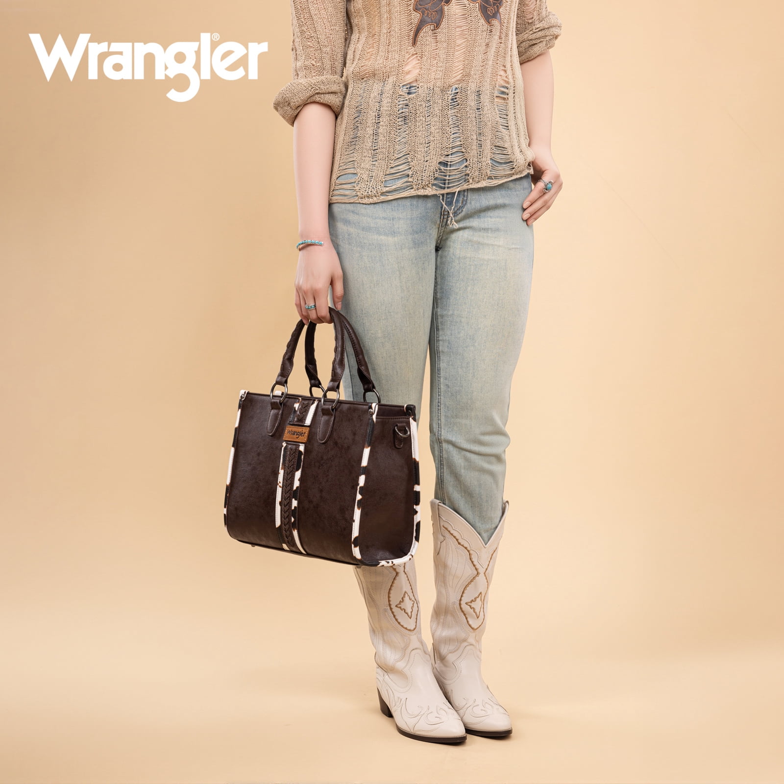 Wrangler Cow Print Tote Bag for Women Western Purse Boho Top Handle Satchel Handbag, Cow-Coffee