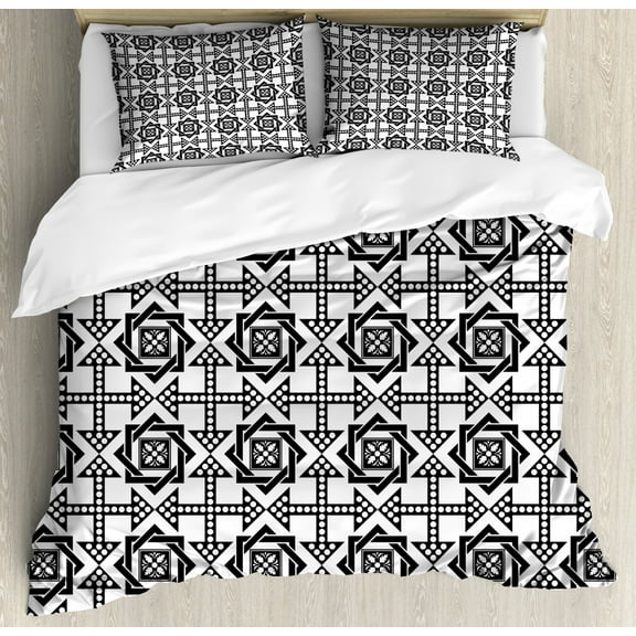 Black and White Queen Size Duvet Cover Set, Celtic Star Pattern with Arrows with Polka Dots Floral Canonical Design, Decorative 3 Piece Bedding Set with 2 Pillow Shams, Black White, by Ambesonne