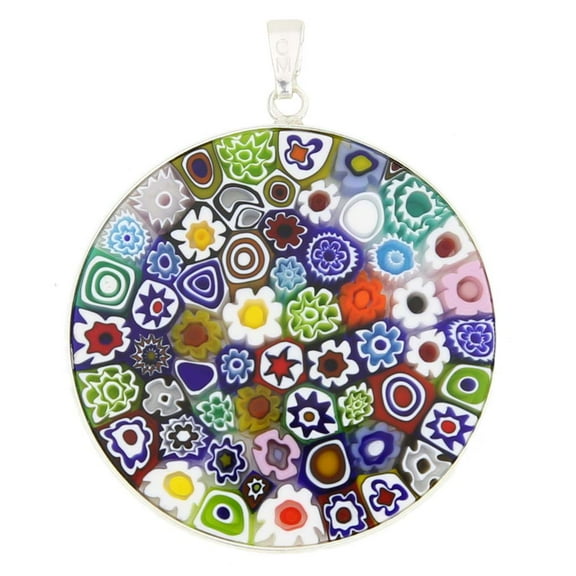 GlassOfVenice Murano Glass Millefiori Pendant "Multicolor" in Silver Frame 1-1/2"