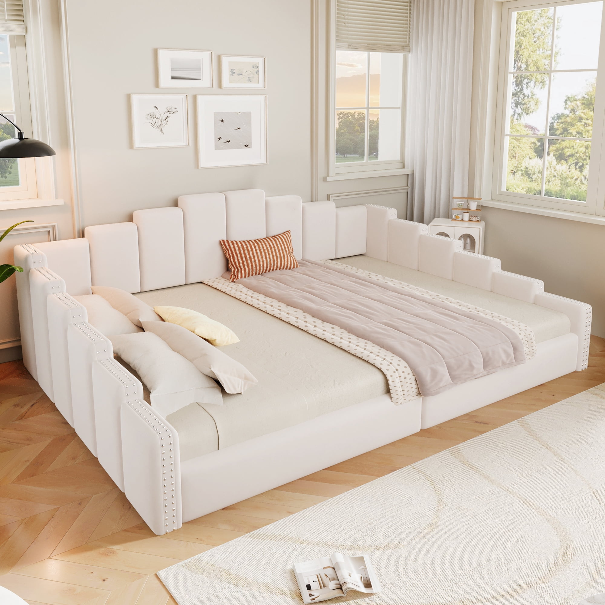 Euroco Upholstery Queen Size Daybed, Velvet Sofa Platform Bed with Nailhead Trim, No Box Spring Needed, Beige