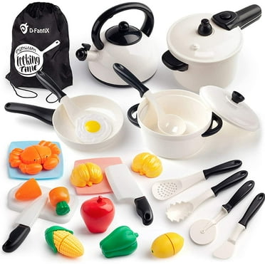 D-FantiX Kitchen Play Food Set for Kids, Play Cooking Toys, Kitchen Pots and Pans Set for Kids, Utensils & Cutting Food Toys for Girls and Boys
