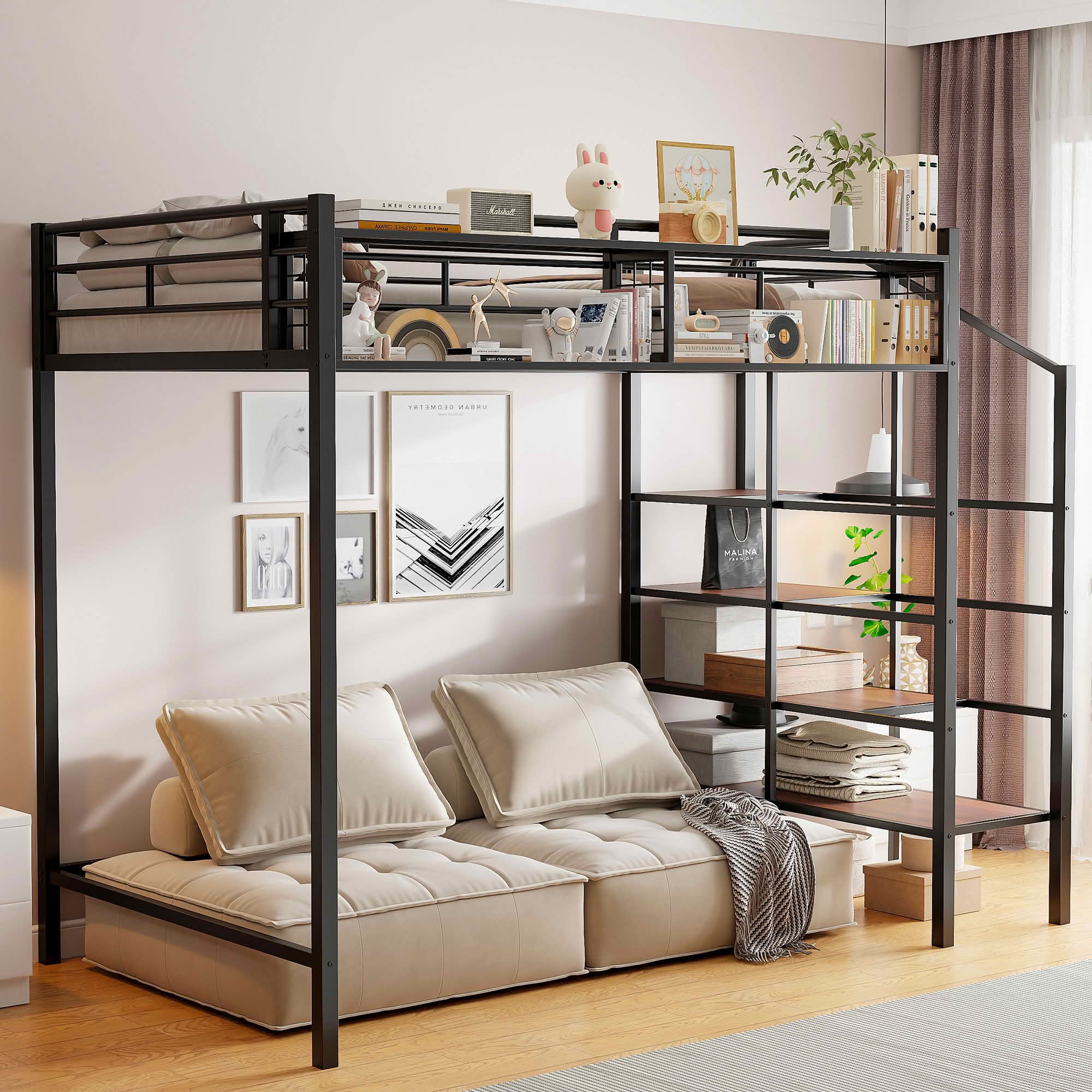 MAYEERTY Chrome Finish Metal Loft Bed with 4-Tier Ladder Shelves and Top Storage Grid, Sturdy Space-Saving Bed Frame No Box Spring Required