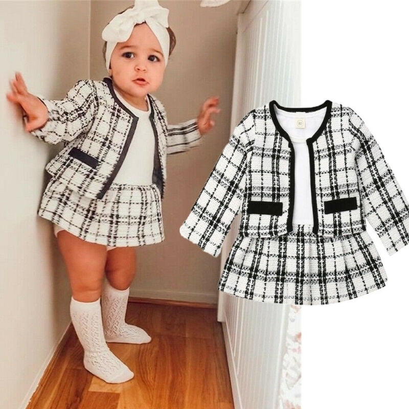 Long Sleeve One-Piece Dress Fall Spring Clothes Set Amberetech Toddler Baby Girls 2PCS Princess Skirt Set Plaid Jacket Coat