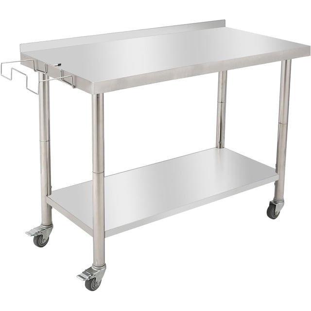 48x24 In Stainless Steel Work Table with Wheels Hooks and Backsplash Adjustable Shelf Heavy Duty Commercial Prep Table for Kitchen Garage Home Use