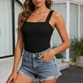 thumbnail image 2 of FRSASU Wide Strap Crop Tank Tops for Women Square Neck Slim Fit Cropped Cami Vest Backless Lettuce Trim Solid Tees Top Black, 2 of 6