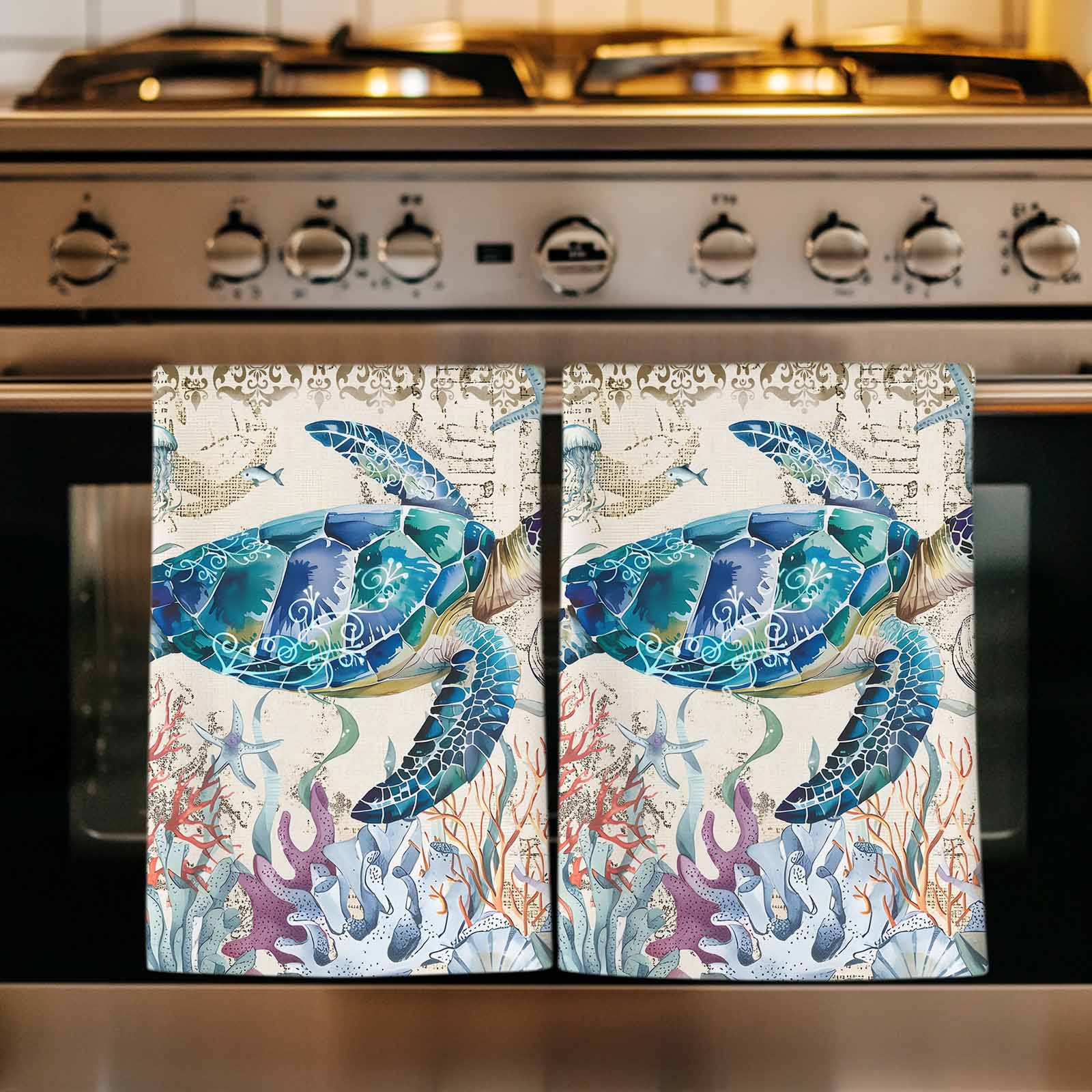 Dish Towels, Sea Turtle Absorbent Kitchen Towels 2 PCS, Vintage Ocean Coral Seagrass Microfiber Hand Towels Dish Cloths Tea Towels for Home&nbsp;Bathroom Cleaning Drying,18X28-Inch,