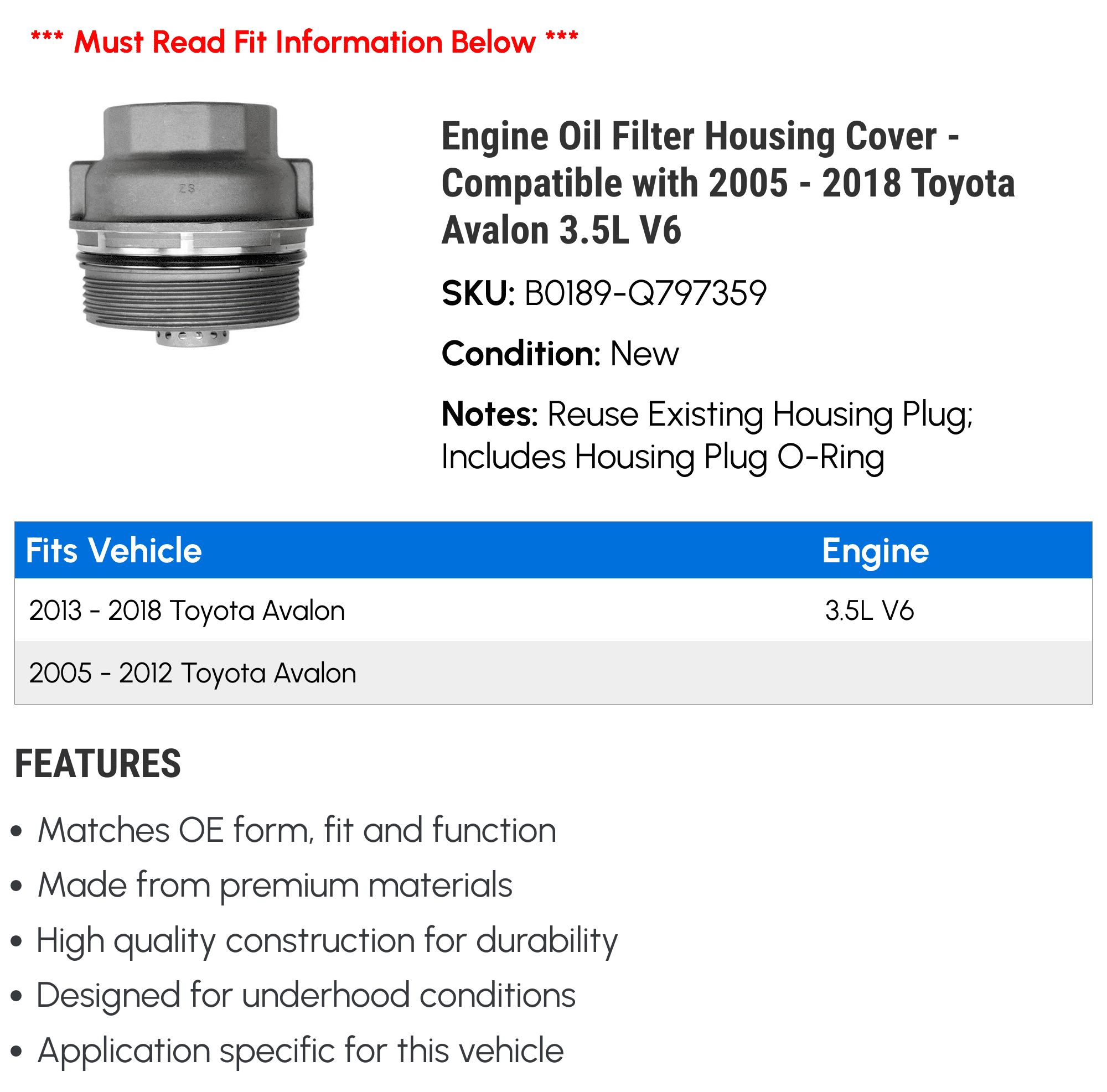 Engine Oil Filter Housing Cover - Compatible with 2005 - 2018 Toyota Avalon 3.5L V6 2006 2007 2008 2009 2010 2011 2012 2013 2014 2015 2016 2017