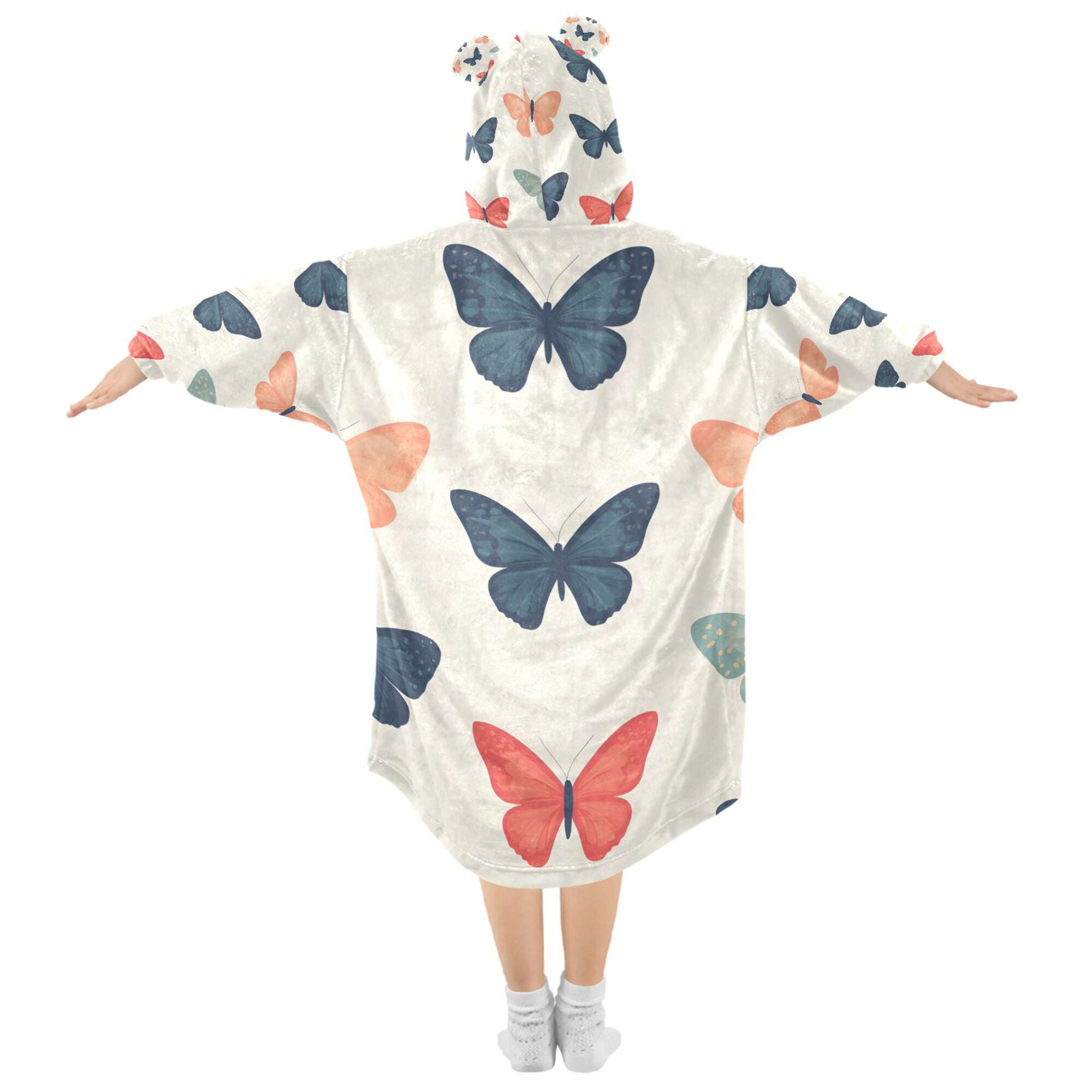 FORMRS Wearable Blanket Hoodie with Sleeves for Kids Cozy Flannel Sweatshirt, Orange Butterflies