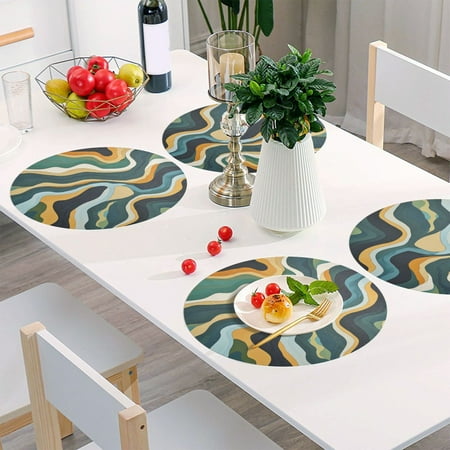 

Round Grid Placemat One Sizex4 Round Placemat PVC Plate Mat，15.4 Inch Non-Slip and Heat Resistant Table Placemat Dining Room Placemat Color River Cartoon3
