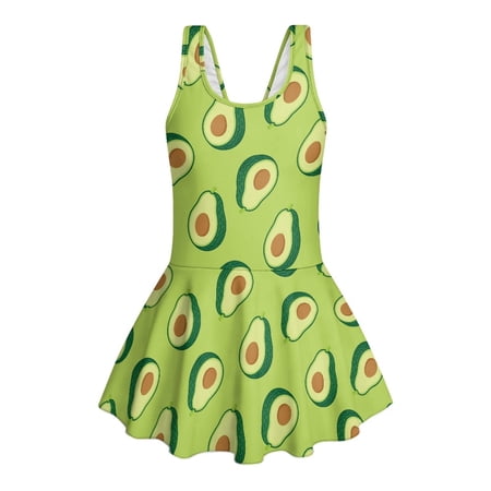 COEQINE Swim Dress for Girls One Piece Swimwear with Attached Skirt & Built-in Brief Comfortable Tank Neckline & Secure V-Back for Pool & Beach Sizes 10-11 Avocado Print