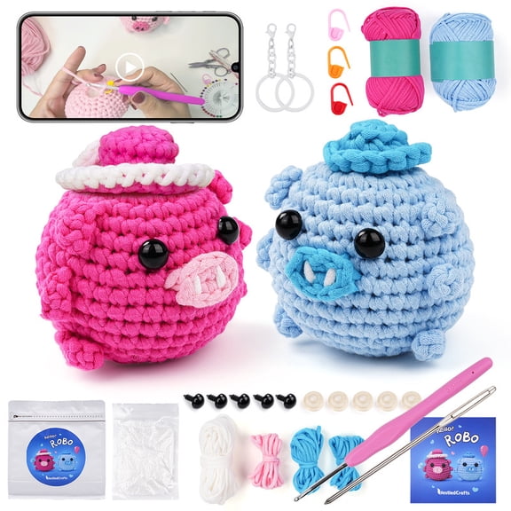 Crochet Kit for Beginners, Animal Amigurumi Crochet Kits Included, Beginner Crochet Kit for Adults and Kids, Crocheting Starter Set (Pig RoBo)