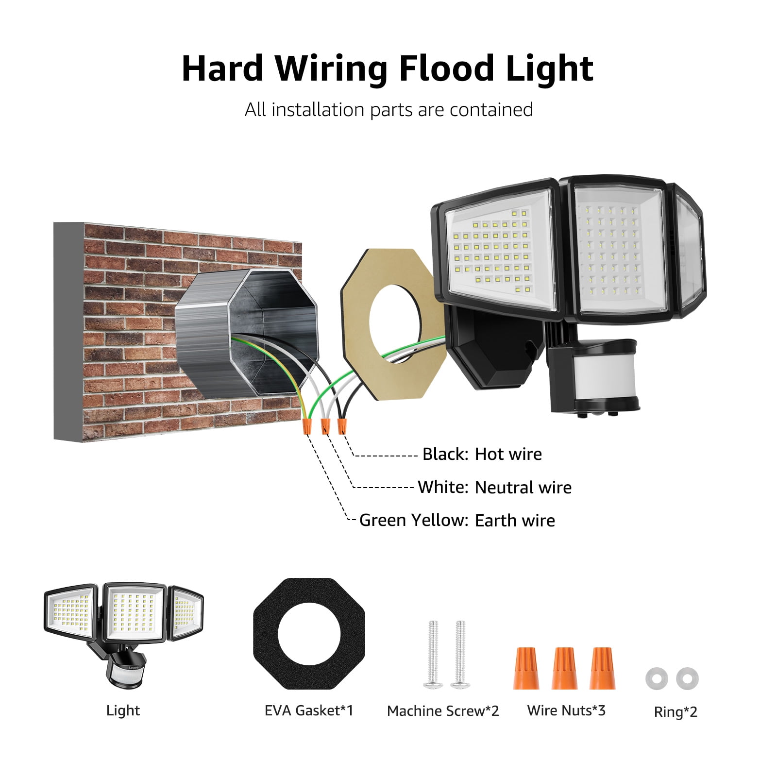 Lepro Motion Sensor Outdoor Light  , LED Security Flood Lights with 3 Adjustable Heads, 270° Wide Lighting Angle, 27W 3200LM Super Bright, IP65 Waterproof for Yard Porch Garage, Black