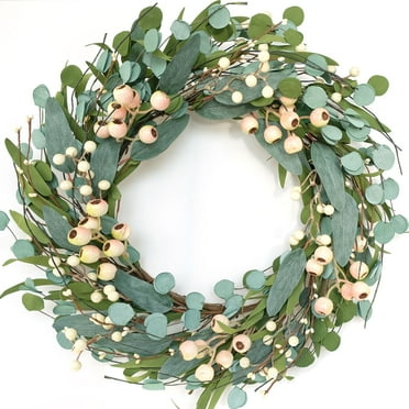 20inch Artificial Eucalyptus Wreath Green Leaves Wreath White Berry Big Berries Wreath for Front Door All Seasons Wreath Year Round Decor Home Decor