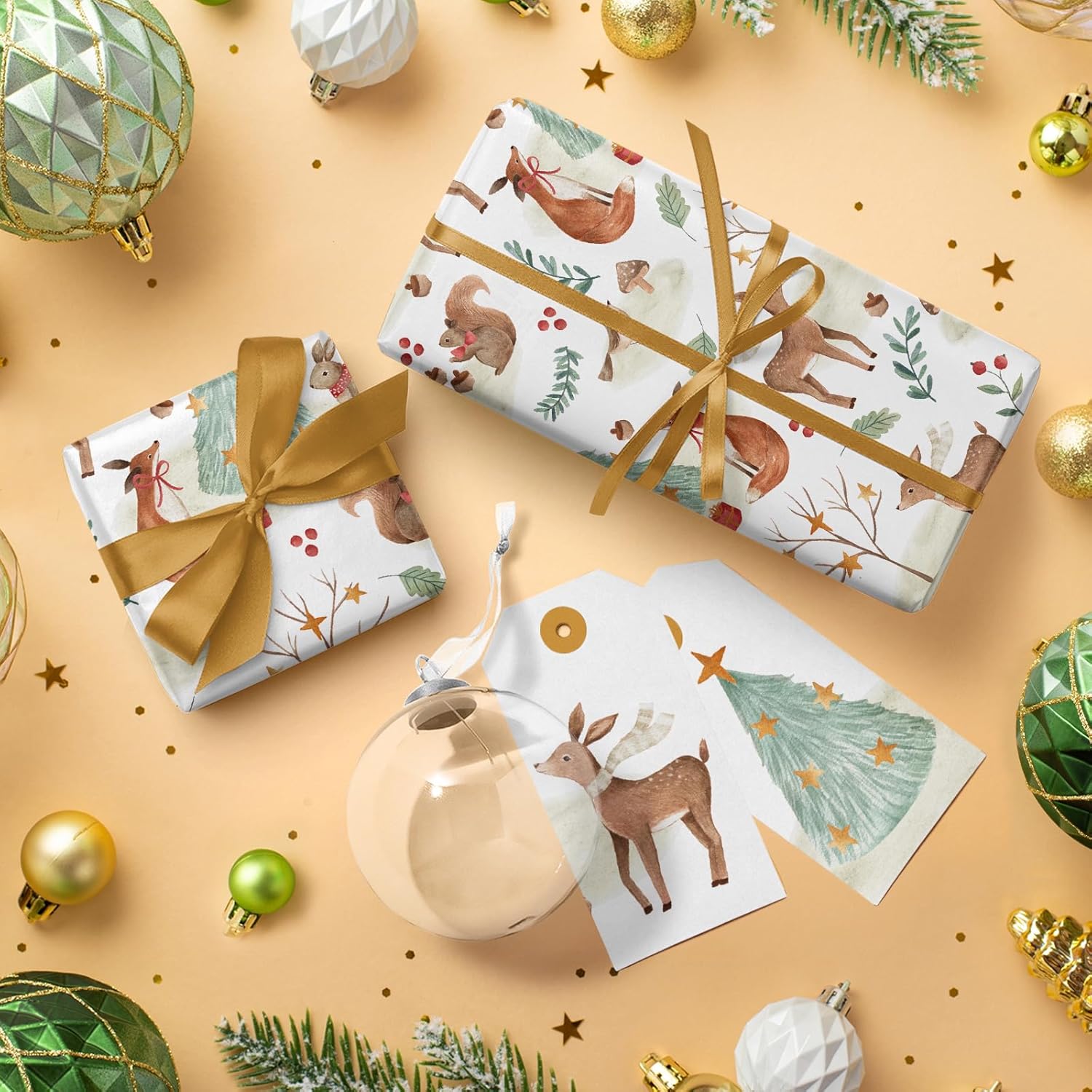 Kraft Christmas Wrapping Paper - Mini Roll - 17 Inch x 33 Feet - Warm Forest Animal Friends and Christmas Tree Wrapping Paper for Holiday, Party Celebration