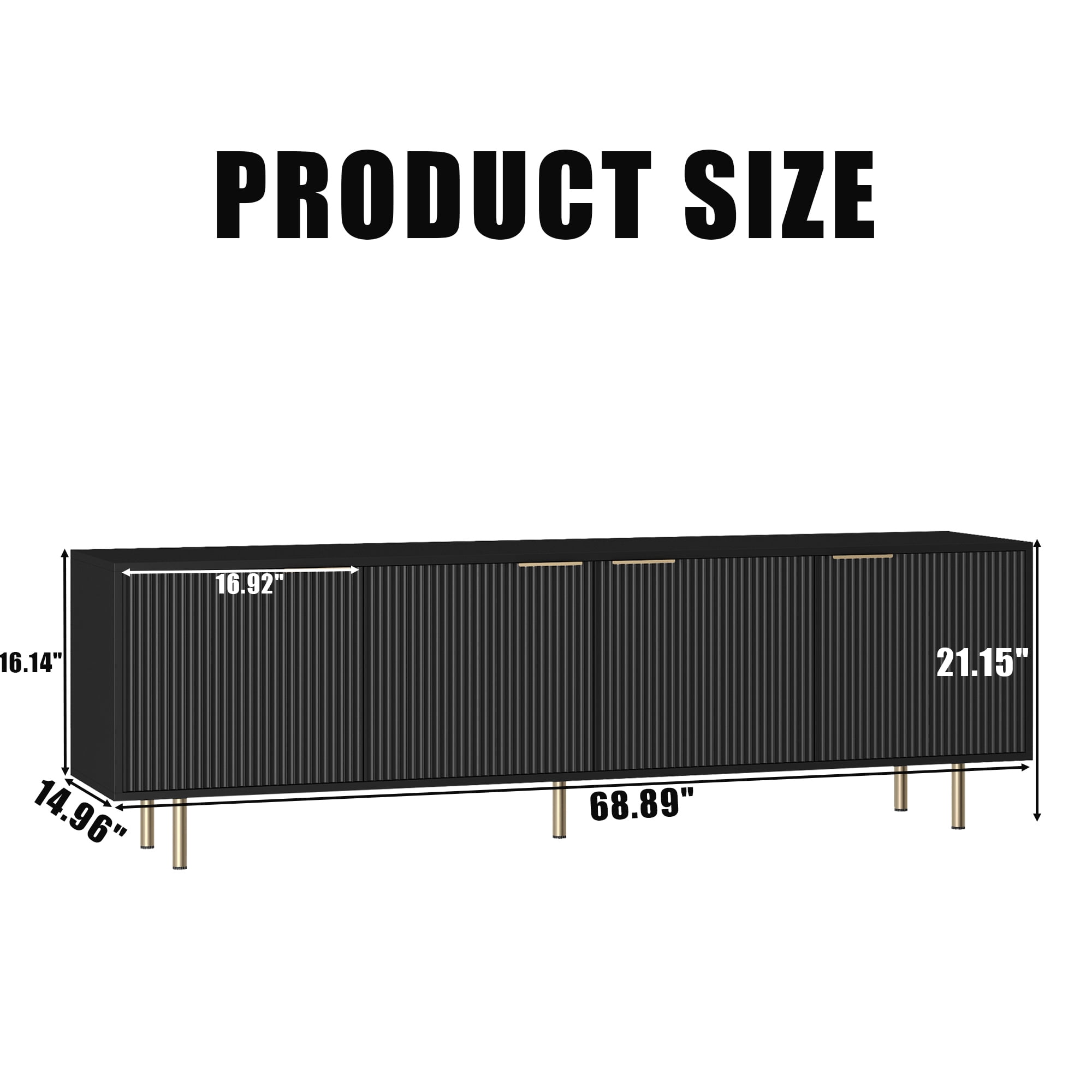 HIUU Black Modern Fluted TV Stands for Living Room, Entertainment Center with 4 Doors Cabinet Storage,Console Table Metal Adjustable Legs for 65''TV