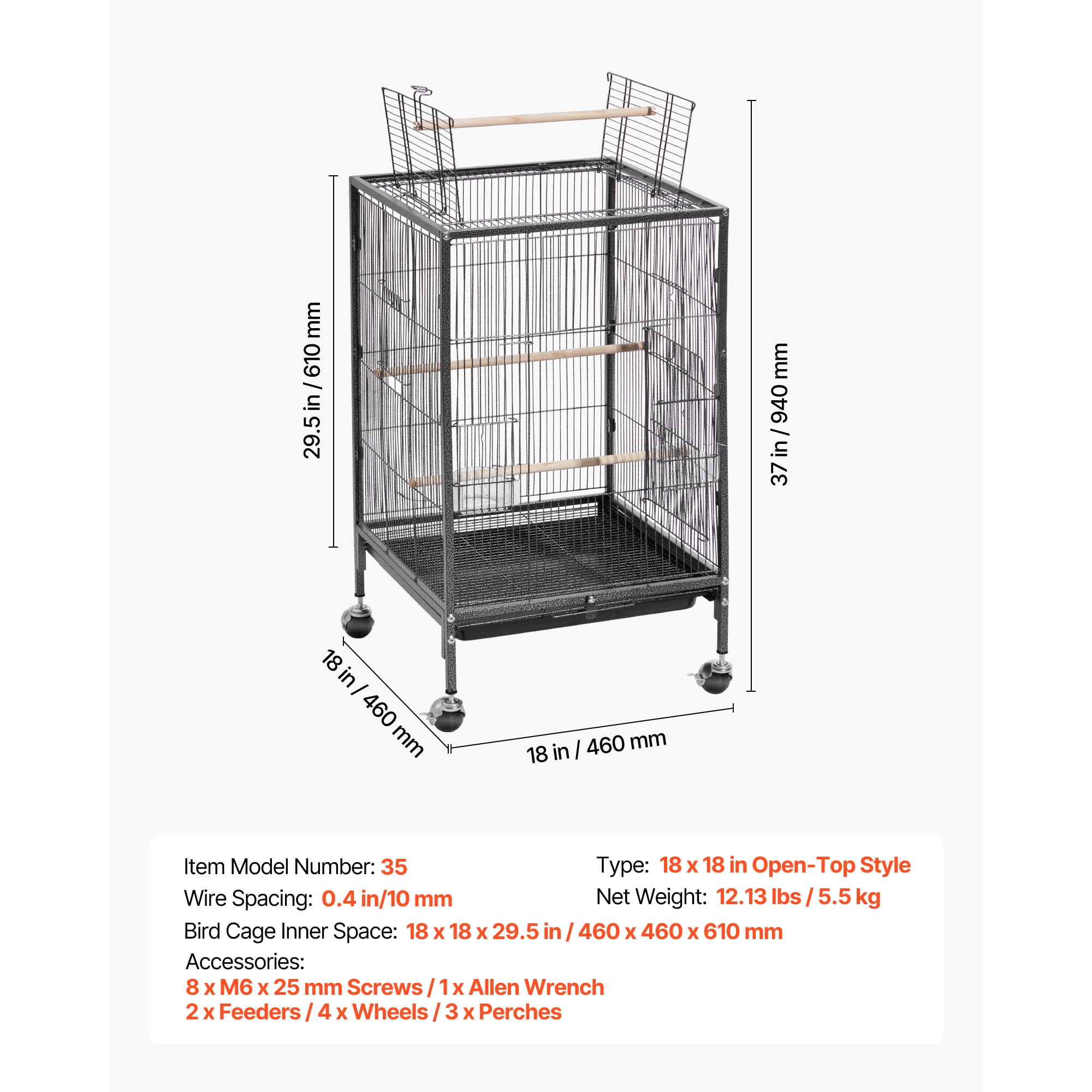 KFFKFF Bird Cage, 18 x 18 x 30 inch, Open Flat Top Design, Durable Wrought Iron Construction with Perches, Removable Tray, Feeders, and Wheels, Suitable for Parrots, Blue Tits, Cockatiels, Canaries