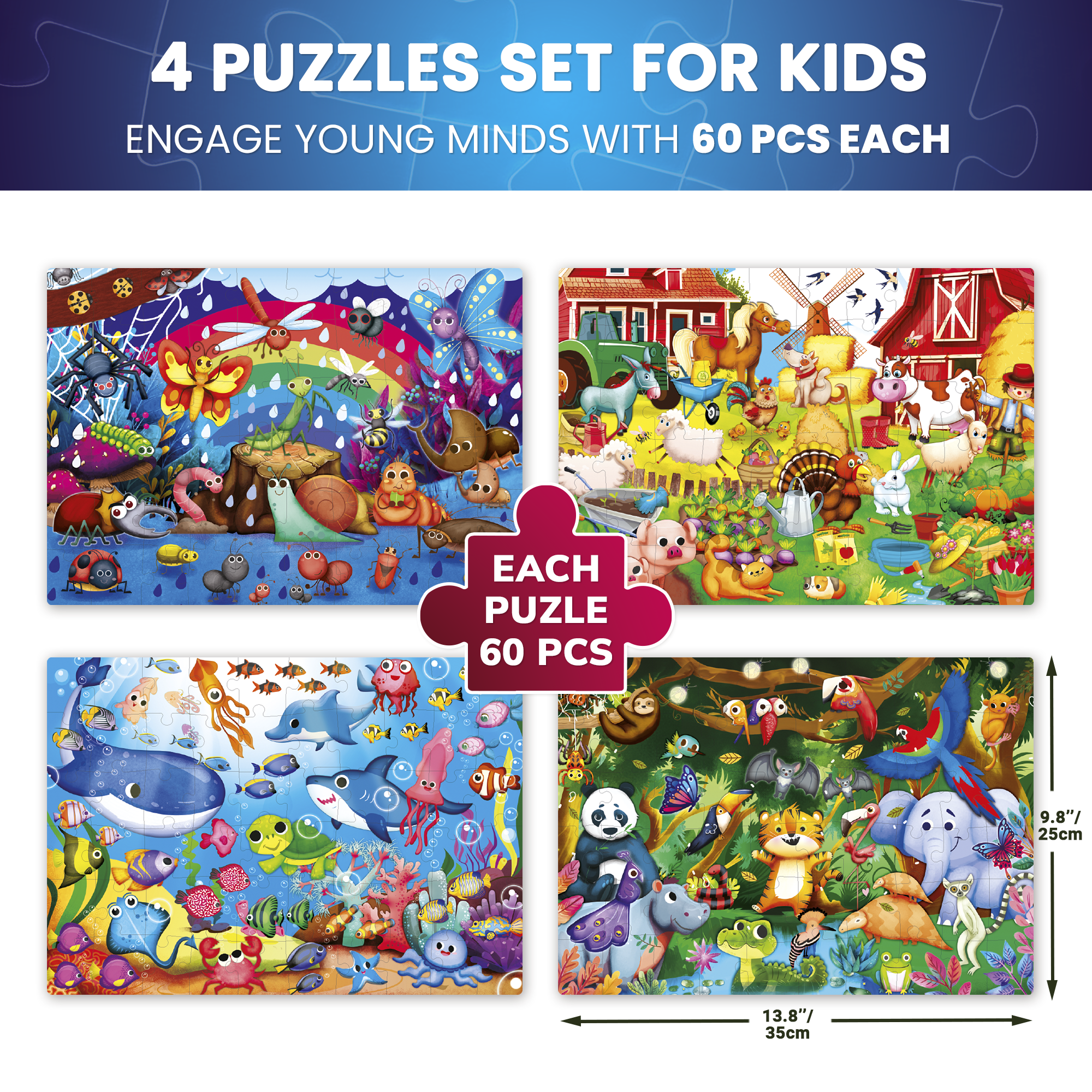 Quokka Glow-in-the-Dark Jigsaw Puzzles 4 Set – 60-Piece Puzzle for Kids Ages 3+, Bugs & Animals