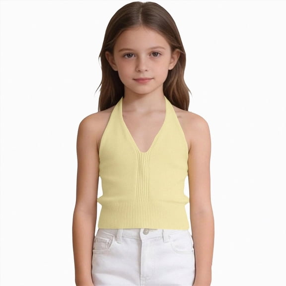 mgoYE Kids Girls Halter Tank Tops 7-8 Years Summer Vests Casual V Neck Solid Lightweight Breathable Beige