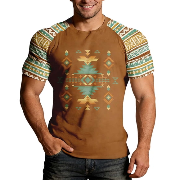 Men Streetwear Short Sleeve Tee with Western Denim Print and Crew Neck for Everyday Casual Summer Comfort