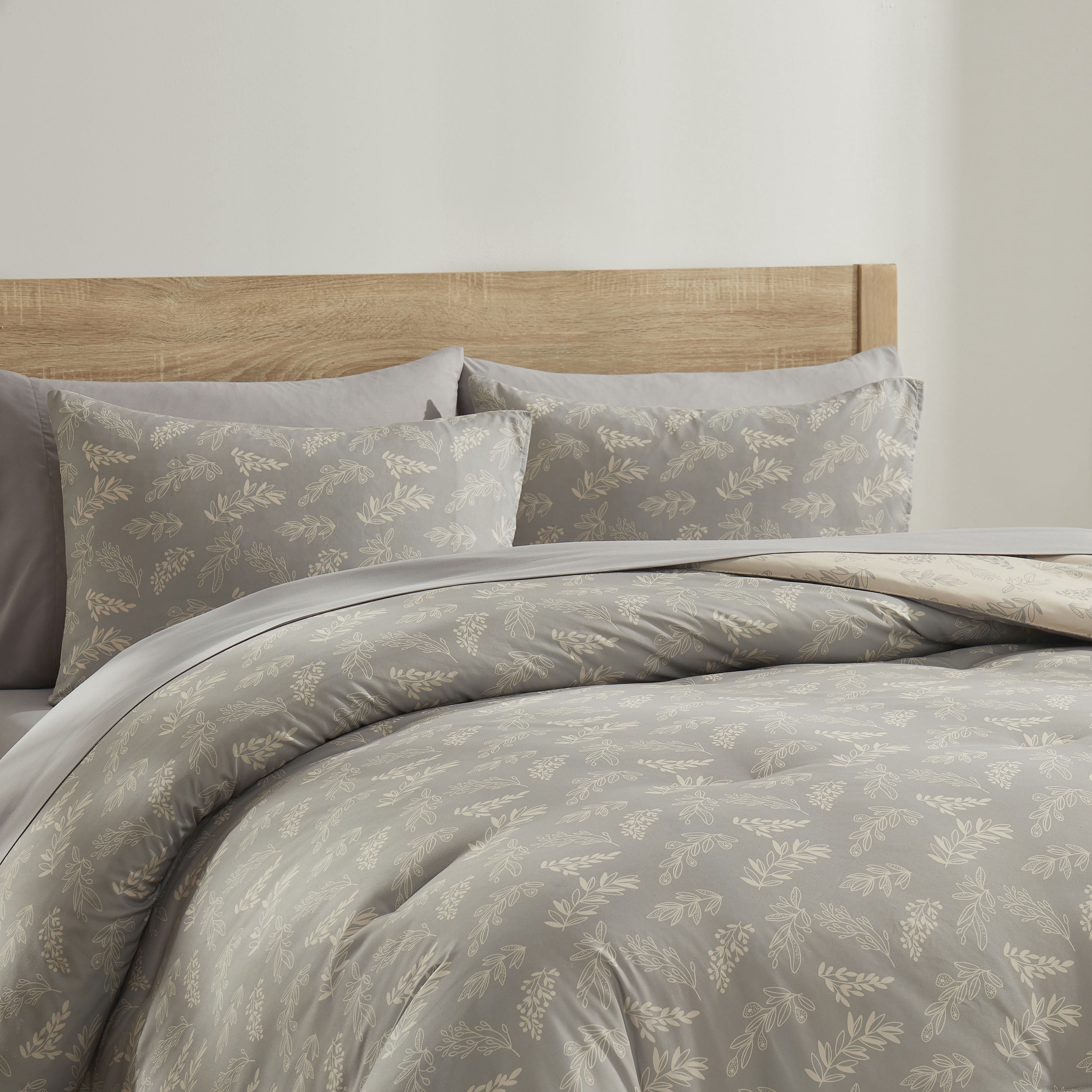 LammaLoe Twin Comforter Sets, 5 Piece Botanical Bed in a Bag, Reversible Bedding Comforter Set with Sheets, Modern Bed Set, Lunar Grey/Pale Champagne