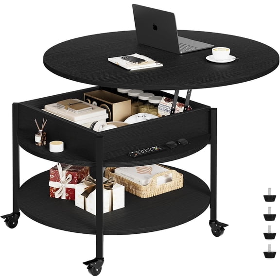 FABATO Round Lift Top Coffee Table with Wheels, Circle Center Table with Storage and Compartment, 26.77’’ Rolling Coffee Table for Living Room, 2 Tier Small Coffee Tables Circle Dining Table, Black