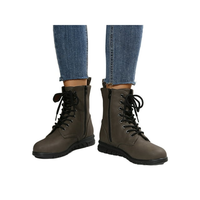 Woobling Womens Comfortable Ankle Boots Work Lace Up Boot Slip Resistant Leather Booties Army Green 6.5