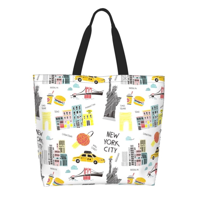 Fotbe New York Bolsa Tote Estética de Lona con Estampado para Mujer - Bolsa Reutilizable de Hombro Casual para Vacaciones, Compras, Trabajo y Gimnasio