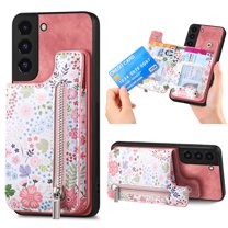 Flower Pattern Zipper Wallet Case for Samsung Galaxy S22 Plus with Card Slots & Kickstand & RFID Blocking, Slim PU Leather Flip Case for Women Girls, Shockproof Magnetic Car Mount Cover, Pink