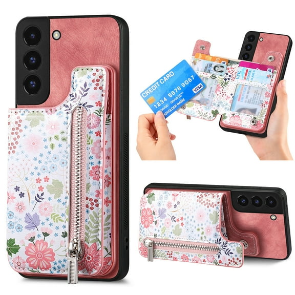 Flower Pattern Zipper Wallet Case for Samsung Galaxy S22 Plus with Card Slots & Kickstand & RFID Blocking, Slim PU Leather Flip Case for Women Girls, Shockproof Magnetic Car Mount Cover, Pink