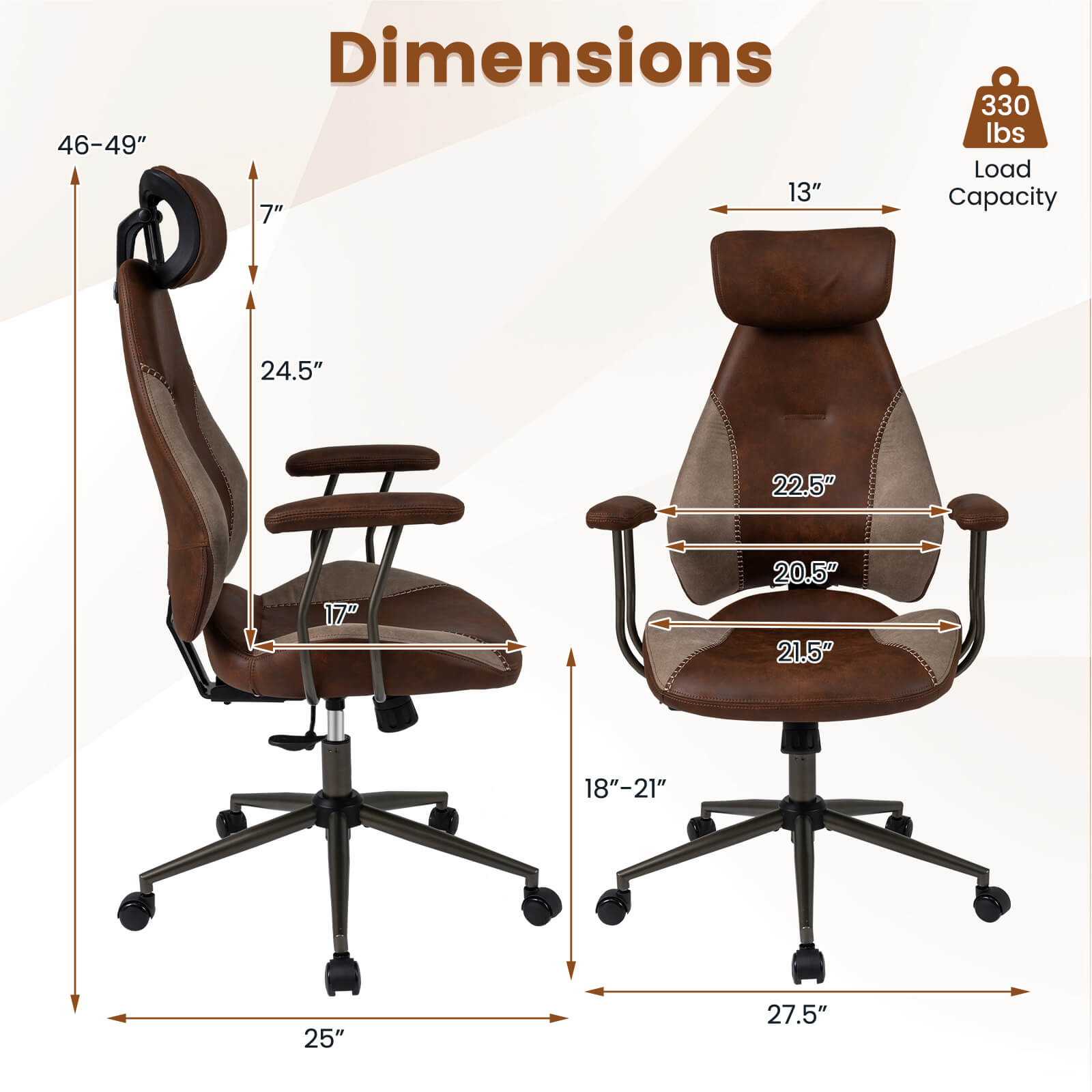 Costway Ergonomic Office Chair with 2D Headrest, Rocking Backrest & Wheels, Gaming Chair Brown & Beige