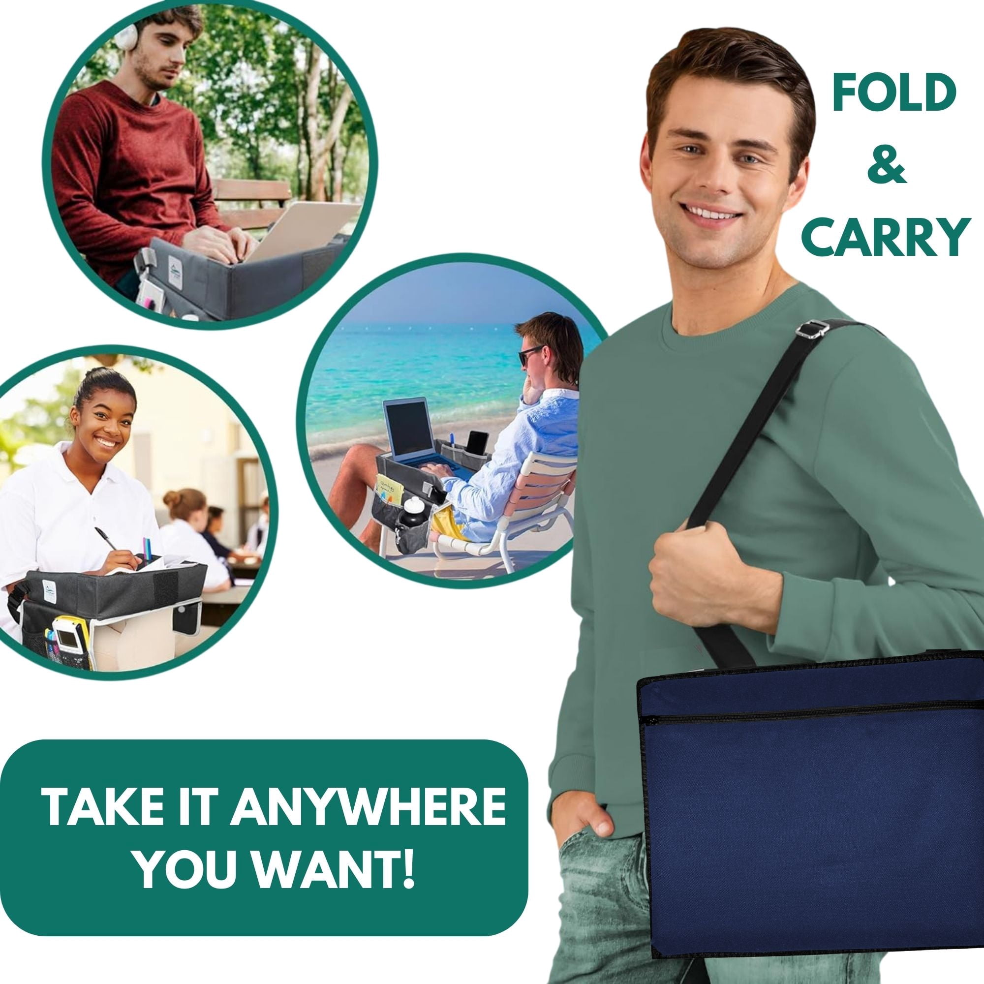 Cerizona Travel Lap Desk - Travel Tray,  Portable Lap Desk for Car, Remote Work, Trips, School - Storage Pockets, Laptop Tablet Sleeve, Adjustable Carrying Strap - Fits up to 15.6-Inch Laptop (Navy)