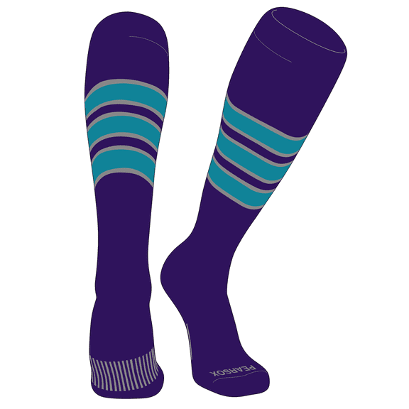 PEAR SOX Striped OTC Baseball, Softball, Football Socks (C) Purple, Silver, Marlin Teal (XS)