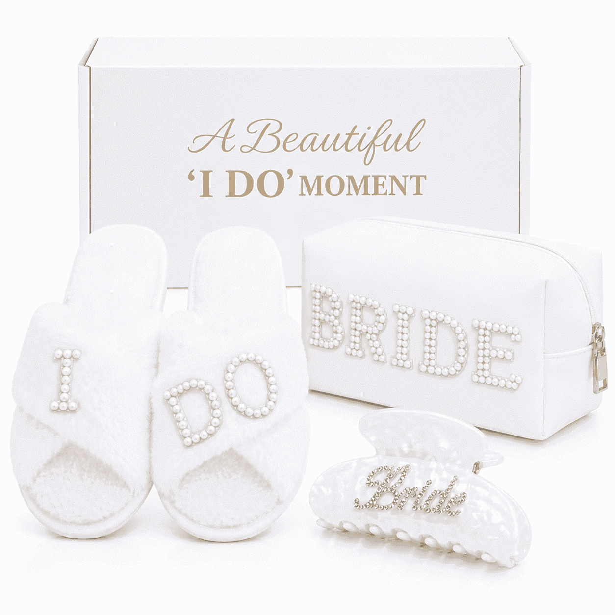 Bride to Be Gift Set, Bridal Shower Gift with Makeup Bag, Slippers and Hair Clip ,Wedding Gifts for Bride Bachelorette Gifts for Bride, Engagement Gift for Her Women, Bachelor Party Gifts