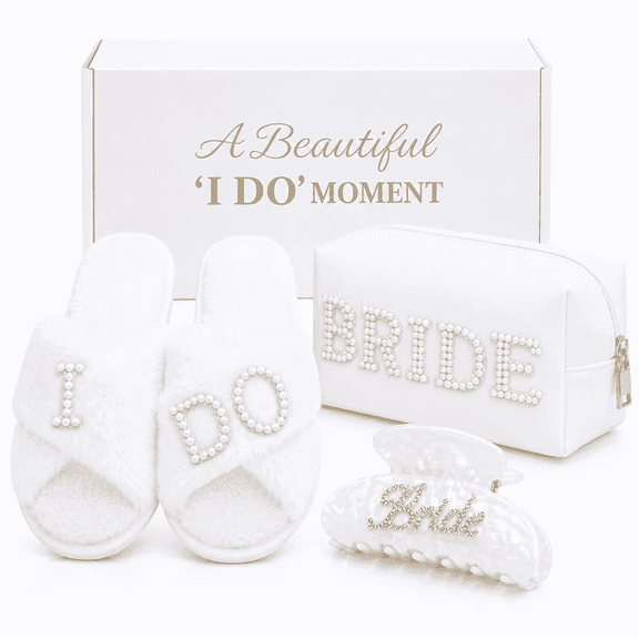 Bride to Be Gift Set, Bridal Shower Gift with Makeup Bag, Slippers and Hair Clip ,Wedding Gifts for Bride Bachelorette Gifts for Bride, Engagement Gift for Her Women, Bachelor Party Gifts