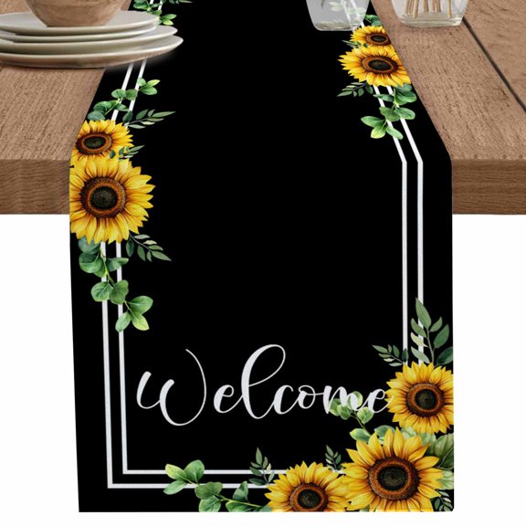 nqOlkjepod Yellow Sunflowers Table Runner 108 Inches Long Farmhouse Dress Scarves, Black Summer Botanical Eucalyptus Leaf Dining Tablerunner for Coffee Table/Kitchen Island/Party Décor, 13" x 108"