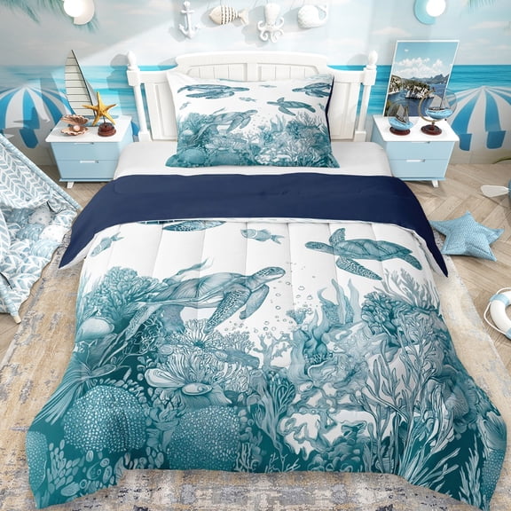 Erosebridal Ocean Animal Turtle Twin Comforter Sets,White Teal Bedding Set For Girls Boys, Reversible 2-Piece