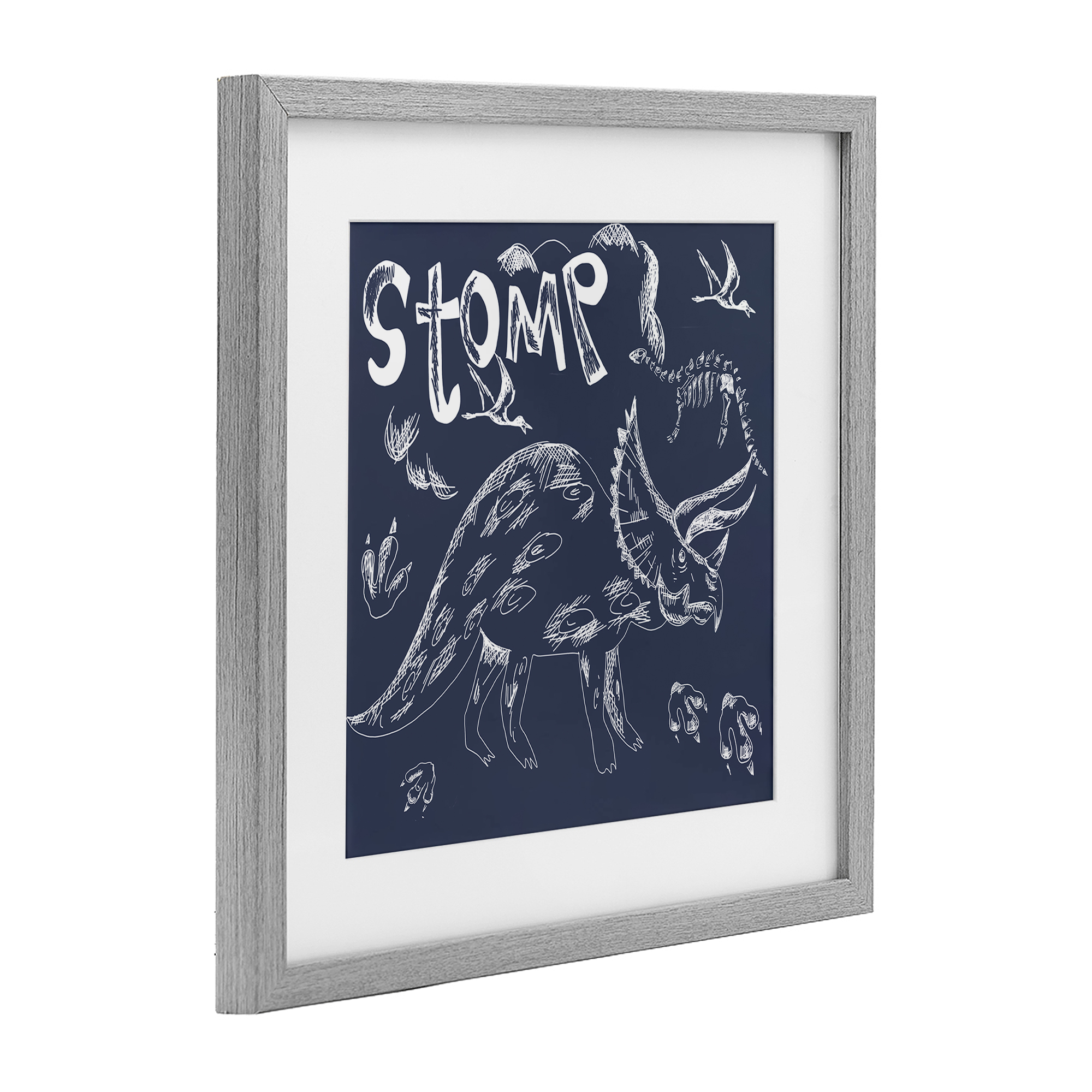 Sketchy Stomp Dinosaur Gray Framed Print Under Glass, design by HUE and MI and Sangita