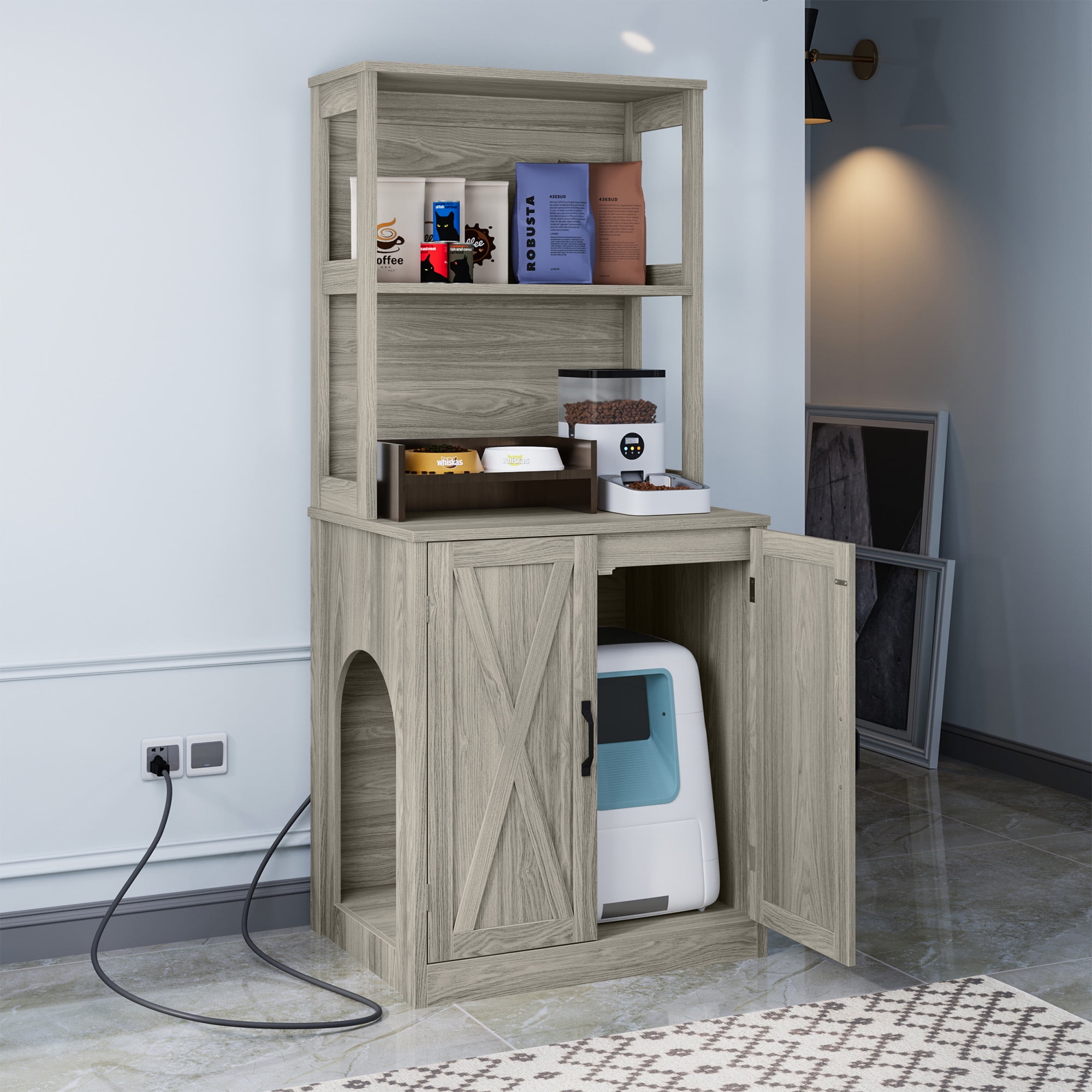 Dextrus Large Hidden Litter Box Enclosure with Shelves and Doors, Wooden Furniture, Grey
