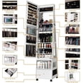 thumbnail image 1 of GloryStar 360°Swivel Mirrored Jewelry Cabinet with Full-Length Mirror, Modern Lockable Standing Jewelry Armoire Organizer with Drawer, Touch Screen Mirror, 3 Color LED Lights, Storage Shelves, White, 1 of 9
