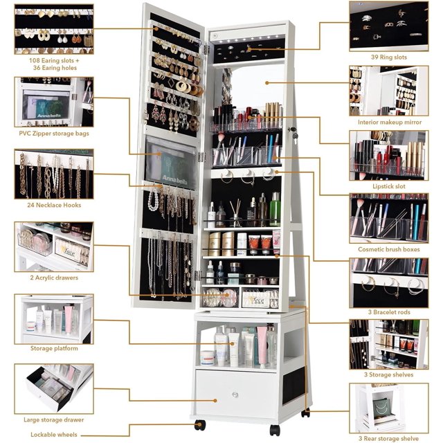 GloryStar 360°Swivel Mirrored Jewelry Cabinet with Full-Length Mirror, Modern Lockable Standing Jewelry Armoire Organizer with Drawer, Touch Screen Mirror, 3 Color LED Lights, Storage Shelves, White