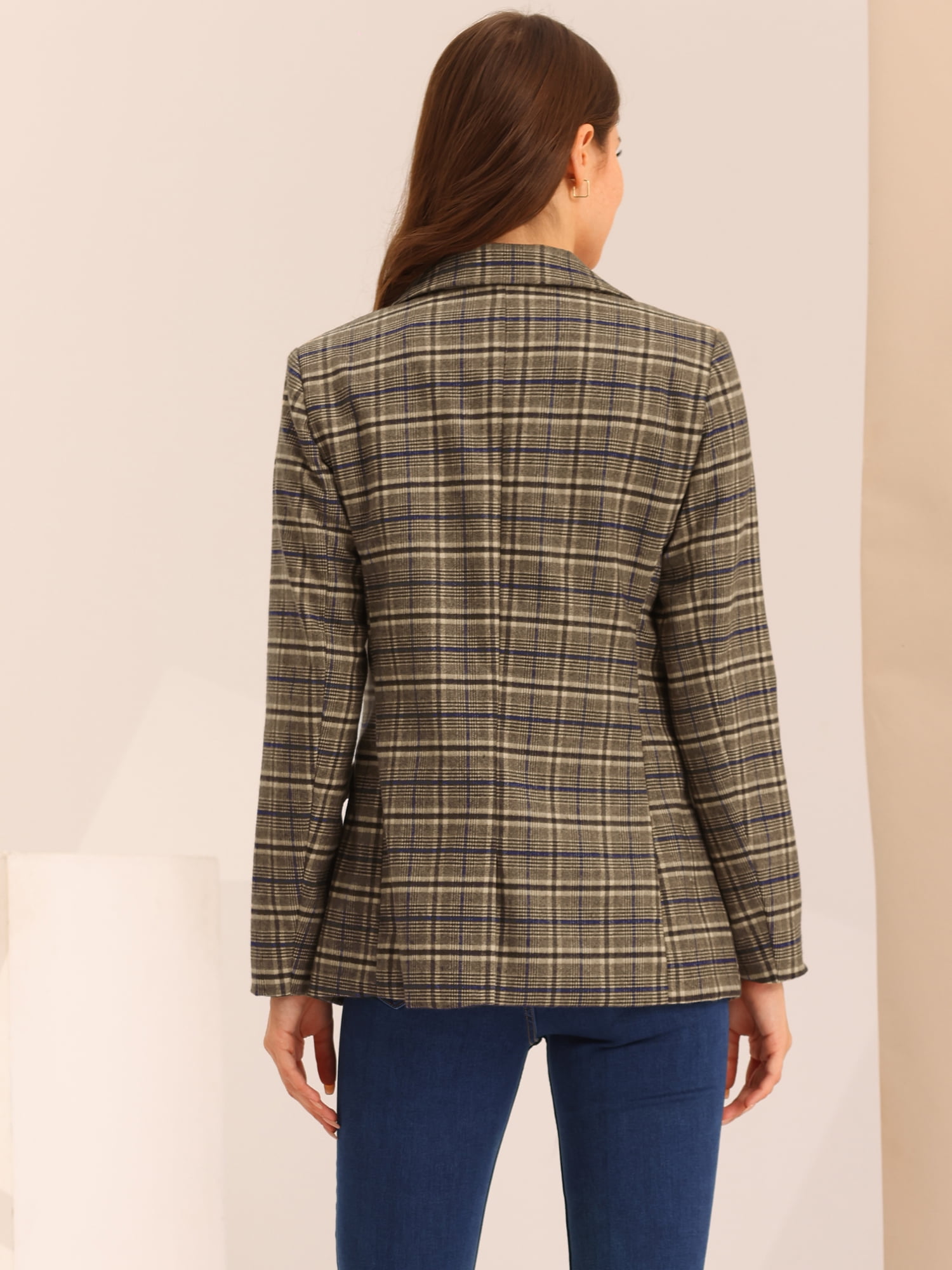 DARING DIVA Women's Boyfriend Notched Lapel One Button Blazer Suit Plaid Blazer Jacket XS Blue Brown