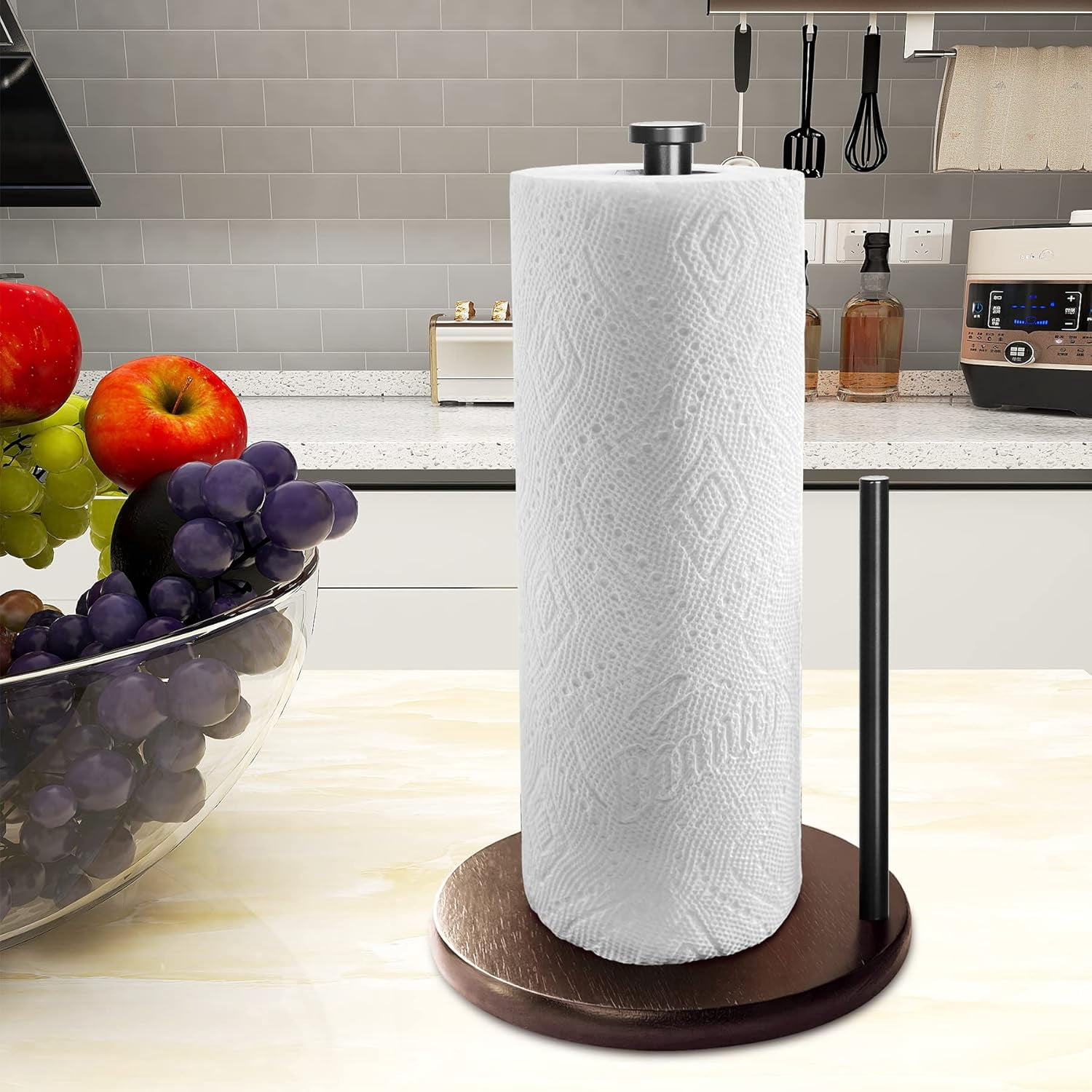 Wood Paper Towel Holder Countertop, , Farmhouse Kitchen Paper Towel Holders Stand with Real Wooden Base, fits Standard and Jumbo Size Paper Towels (Dark Brown)