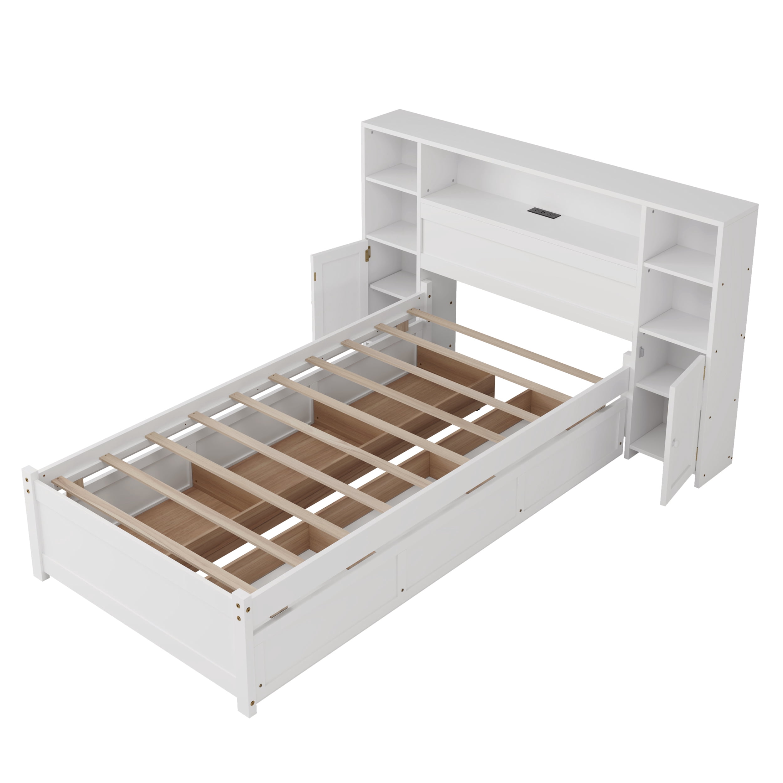 MAYEERTY Twin White Wooden Storage Bed Bookcase Headboard 6 Drawers Charging for Teens Adults