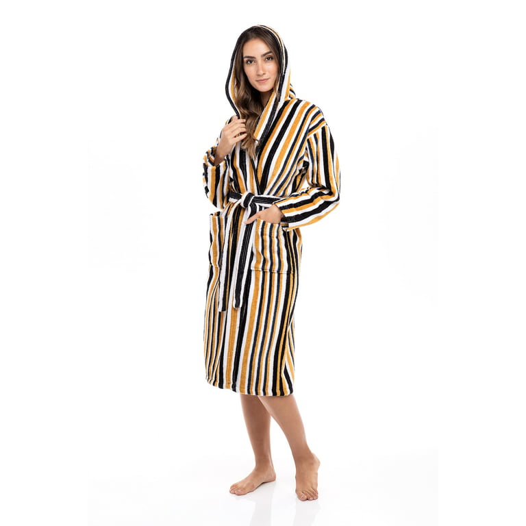 Women\'s Luxury Terry Cotton Hooded Bathrobe Spa Robe Bath Robes Stripes  Mustard L